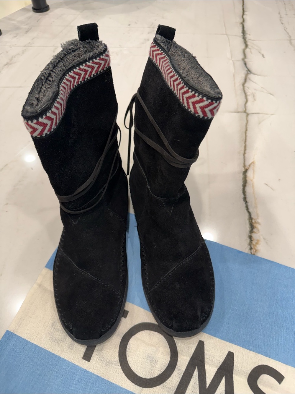 Toms Nepal Black Suede Mid-Calf Lace-Up Boots with Red Chevron Trim